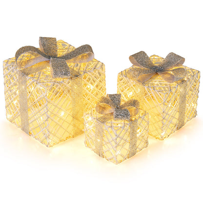 3-pack Christmas lighted gift boxes with 50 LED lights, gold wrap and detachable bows on Tampa Home & Garden Store