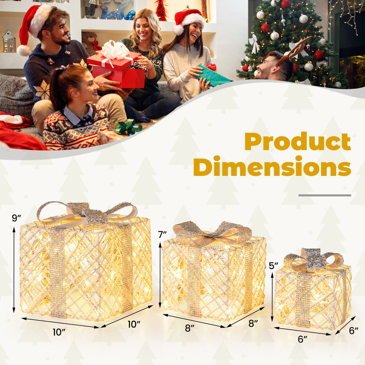 3-Pack Christmas Lighted Gift Boxes with 50 LEDs and Detachable Bows in gold lattice DirectDeals on Tampa Home & Garden Store