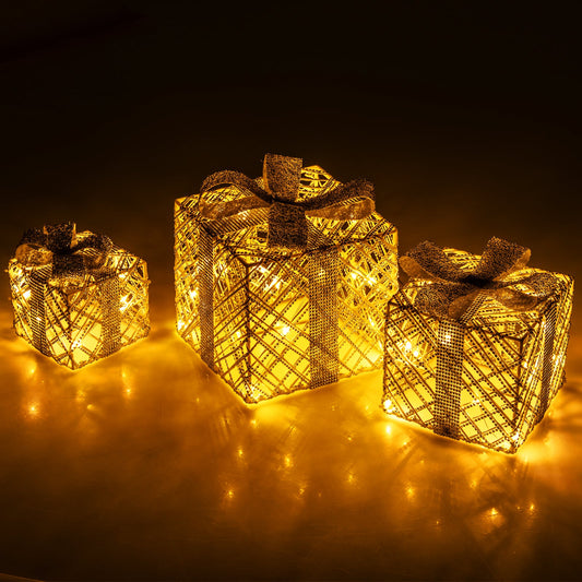 3-pack gold lighted gift box ornaments with 50 LEDs and bows on Tampa Home & Garden Store