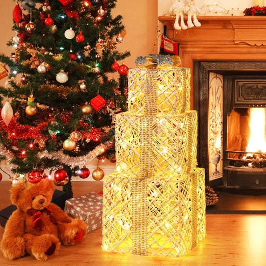 3 Pack Christmas Lighted Gift Boxes with 50 LEDs, gold lattice, detachable bows DirectDeals on Tampa Home & Garden Store