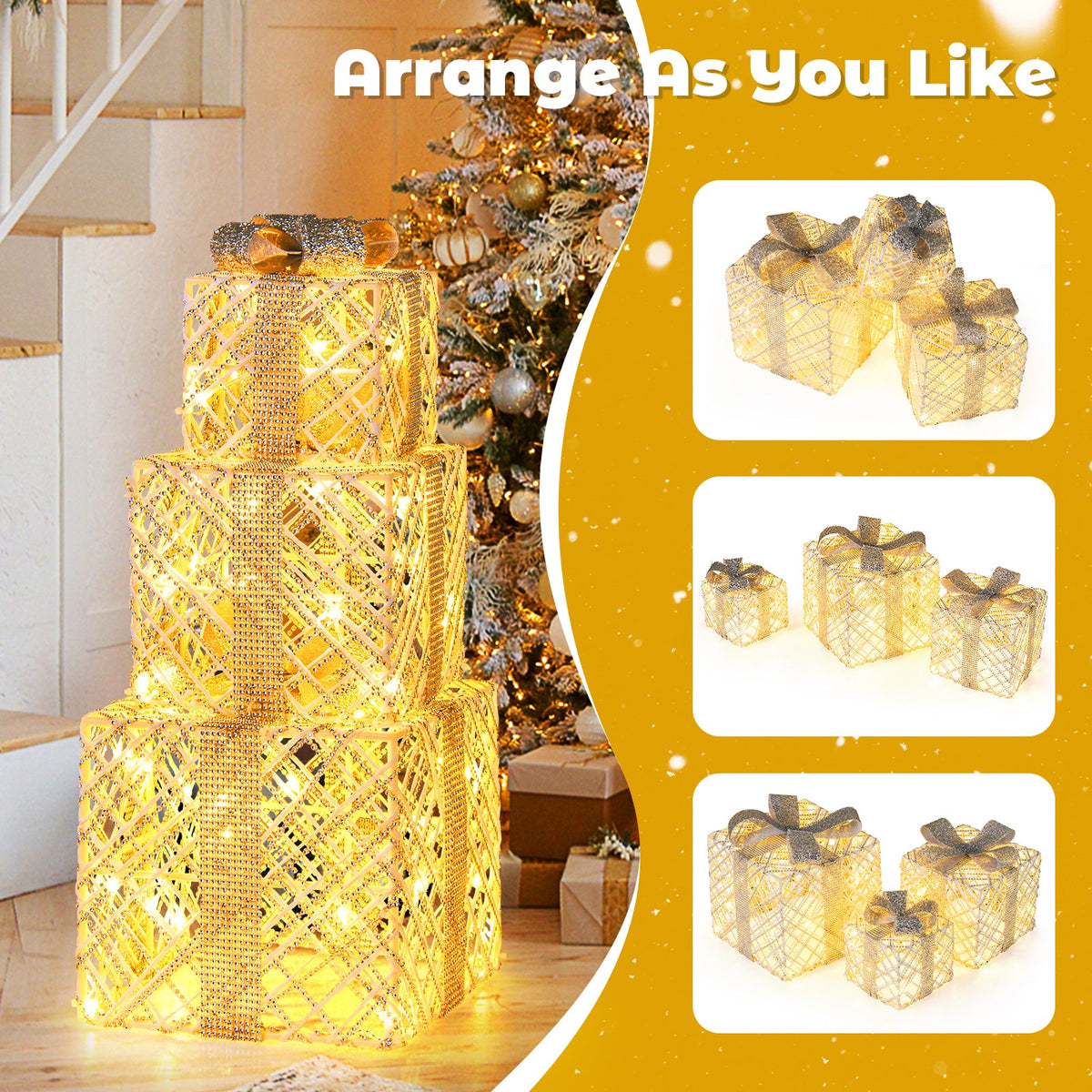 3-pack lighted gift boxes with 50 LEDs, gold mesh, detachable bows DirectDeals ornaments on Tampa Home & Garden Store