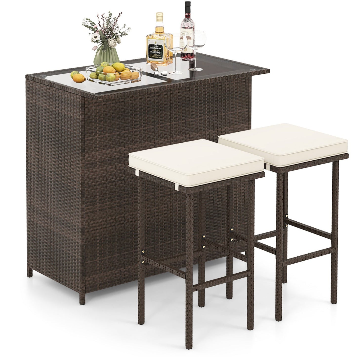 Juego de comedor de 3 piezas para patio de mimbre con mesa alta y taburetes - Rojo