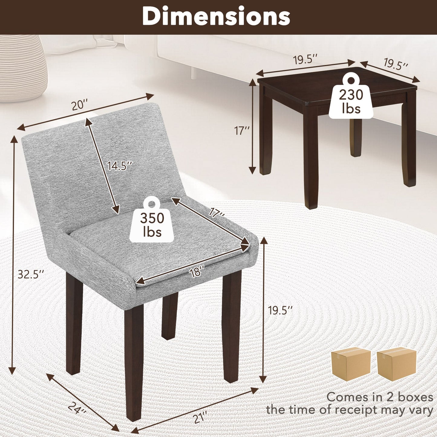 Juego de mesa auxiliar y sillas de 3 piezas para cocina y sala de estar - Marrón y gris