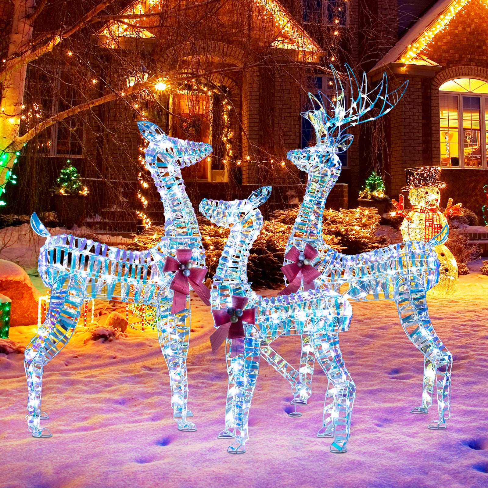 3-Piece Large Lighted Christmas Reindeer Family blue sculptures with pink bows DirectDeals on Tampa Home & Garden Store
