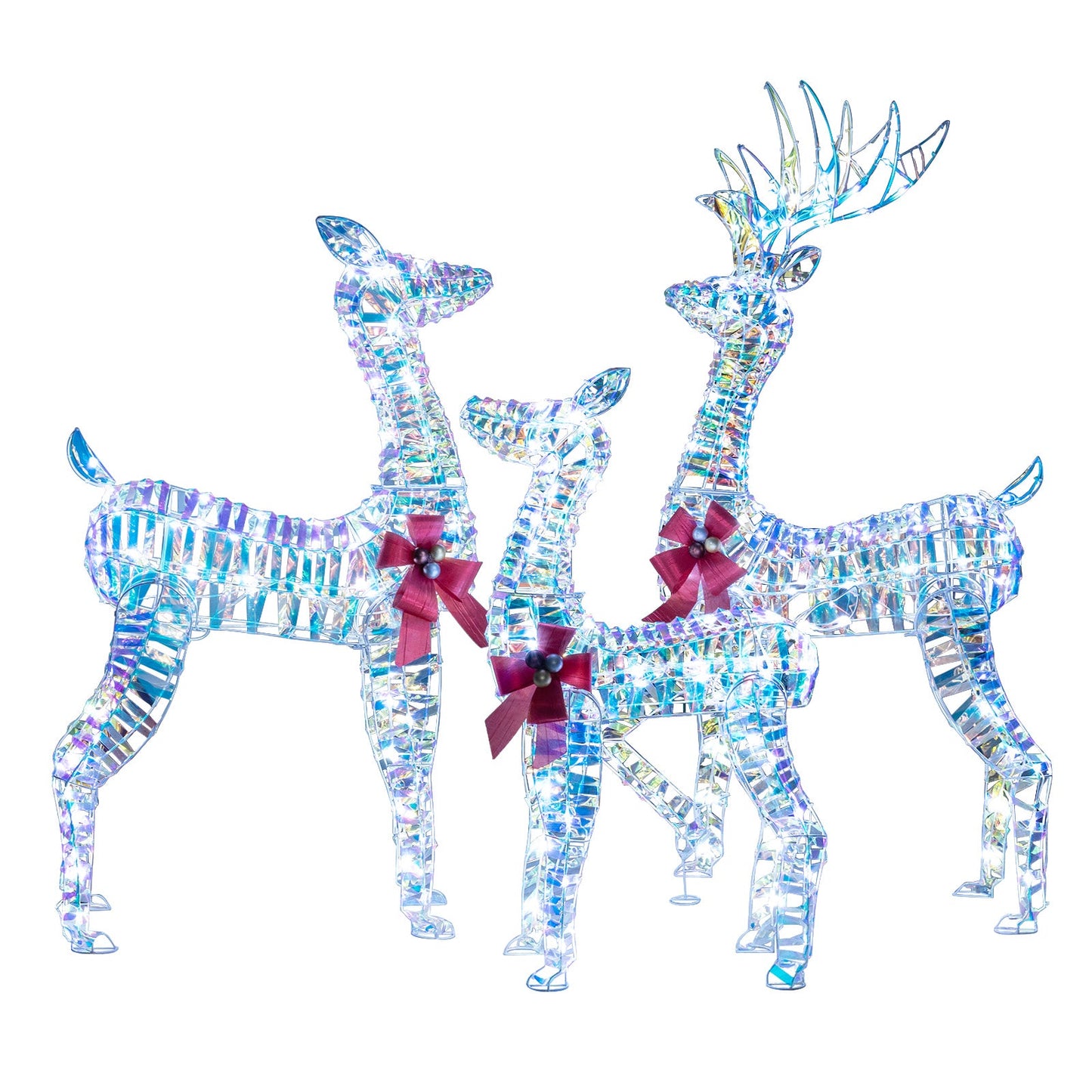 3-Piece Large Lighted Reindeer Family in iridescent crystal finish with red bows on Tampa Home & Garden Store