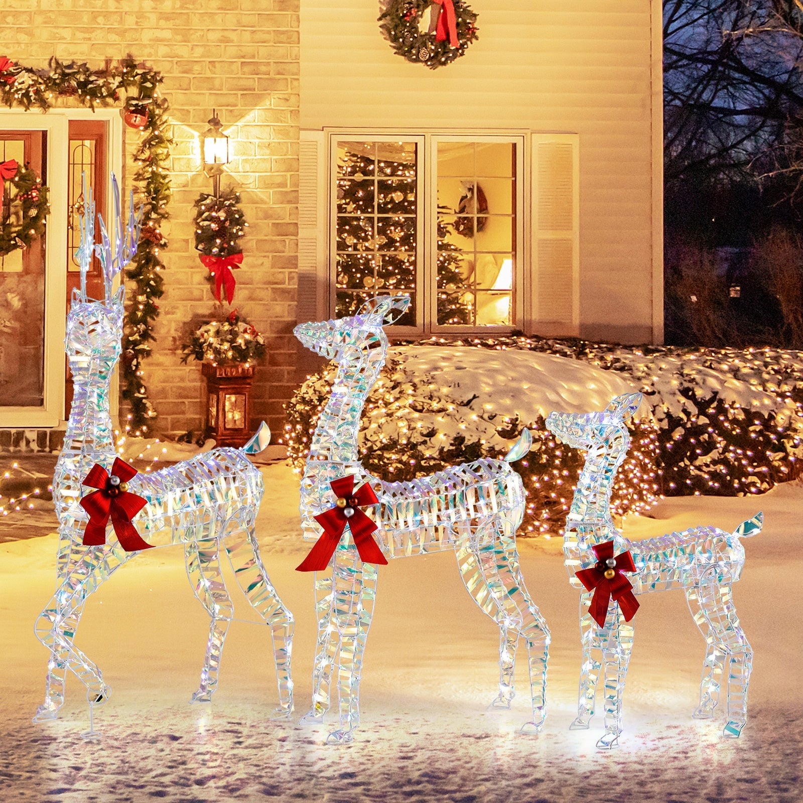 3-piece DirectDeals large lighted Christmas reindeer family in crystal decor with red bows on Tampa Home & Garden Store