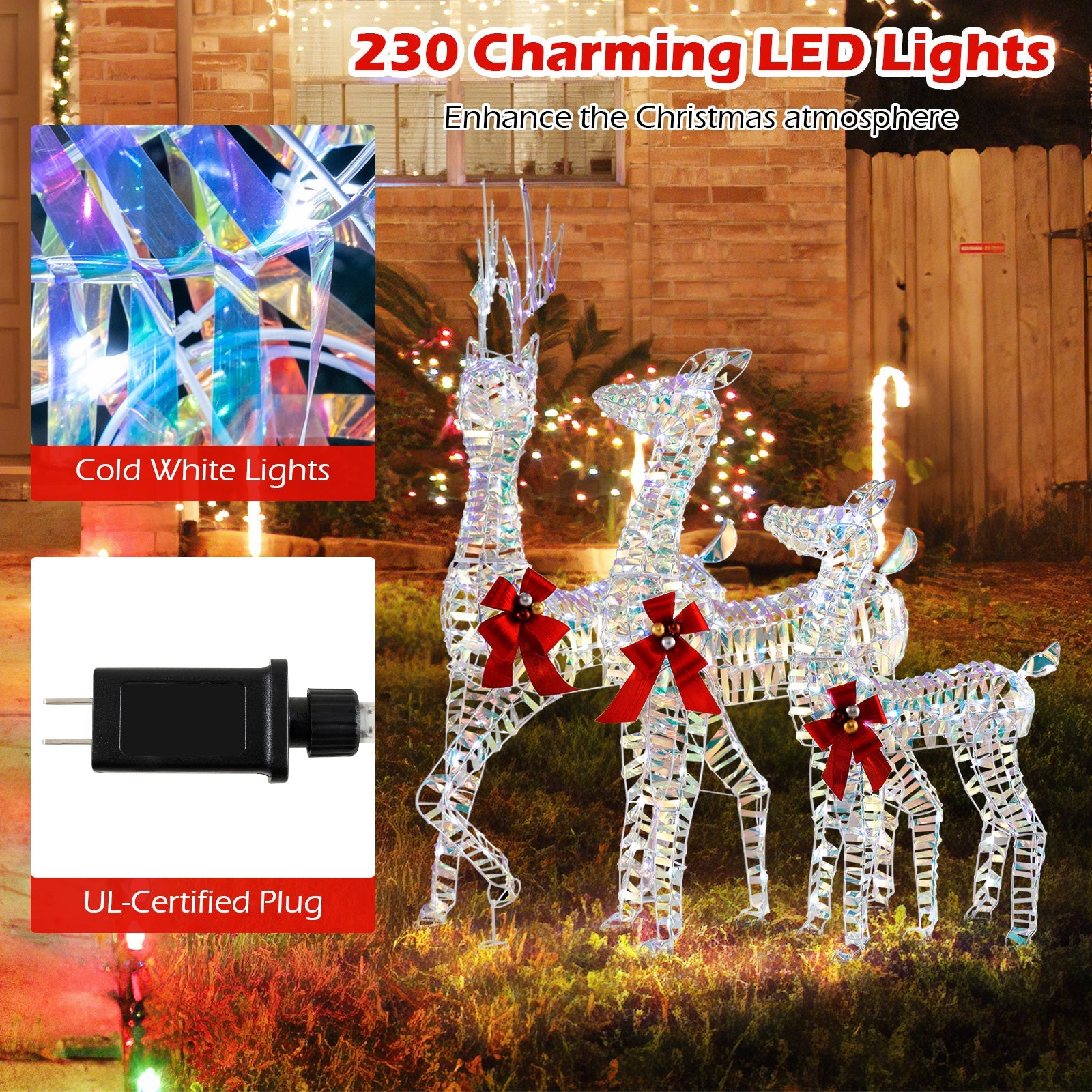 3-Piece Large Lighted Christmas Reindeer Family crystal acrylic figures with red bows on Tampa Home & Garden Store