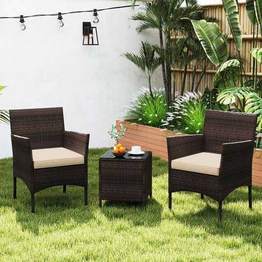 3 Pieces Outdoor Conversation Set with Cushioned Seat and Glass Tabletop-Beige - Tampa Home & Garden Store