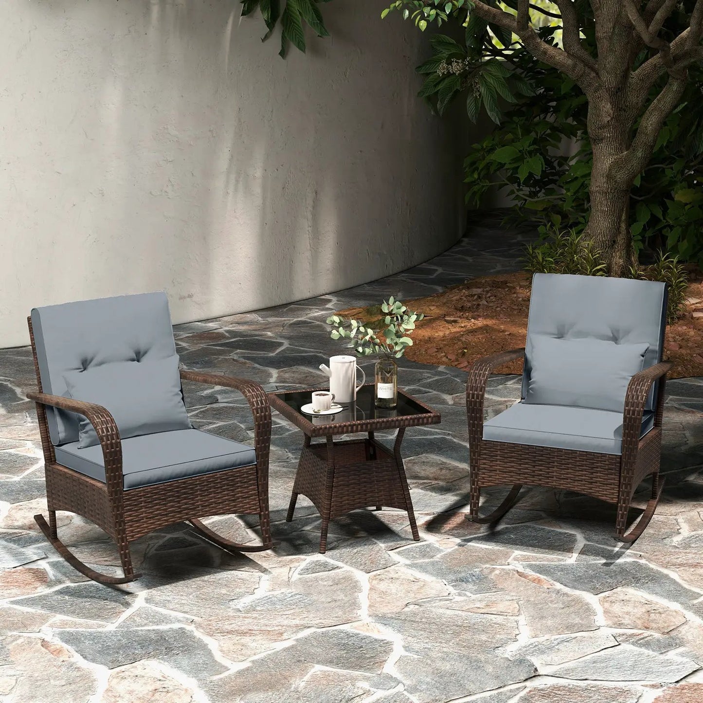 3 Piece Patio Set with Cushions and Rattan Table