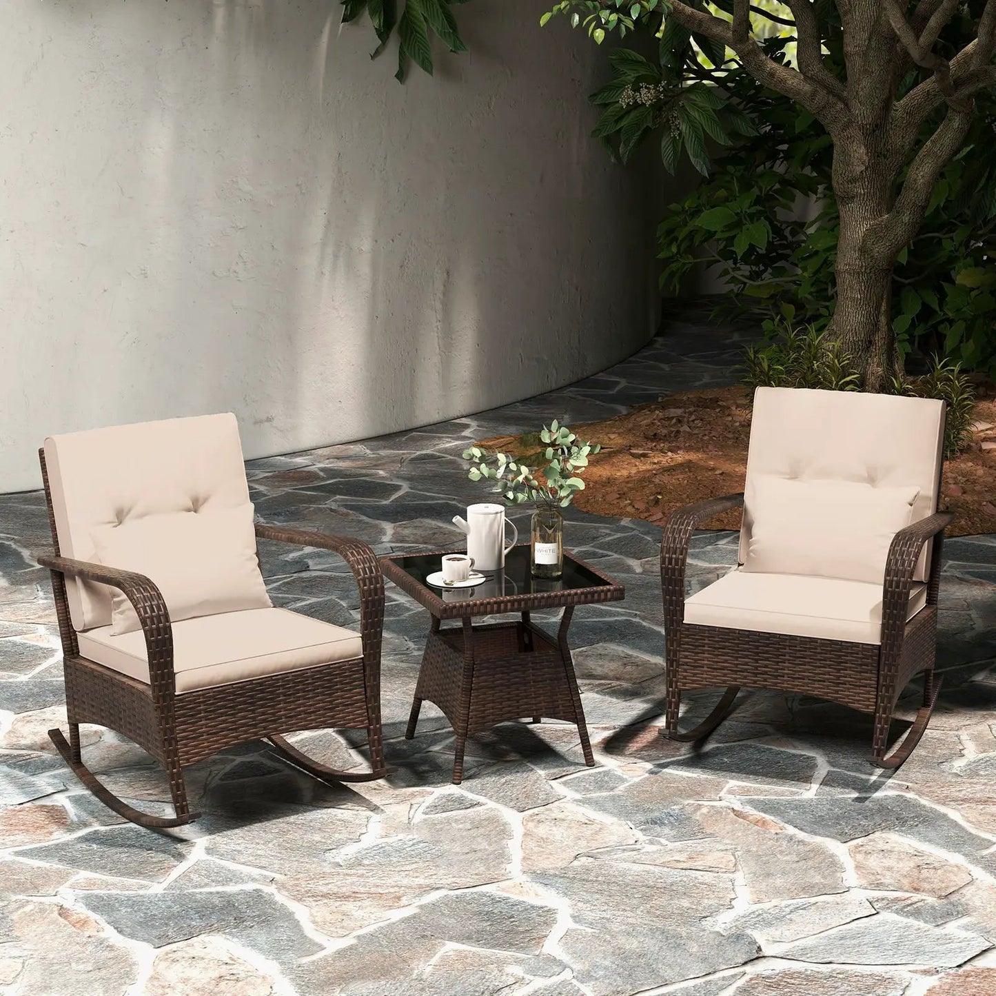 3 Piece Patio Set with Cushions and Rattan Table
