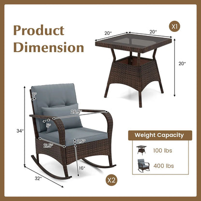 3 Piece Patio Set with Cushions and Rattan Table