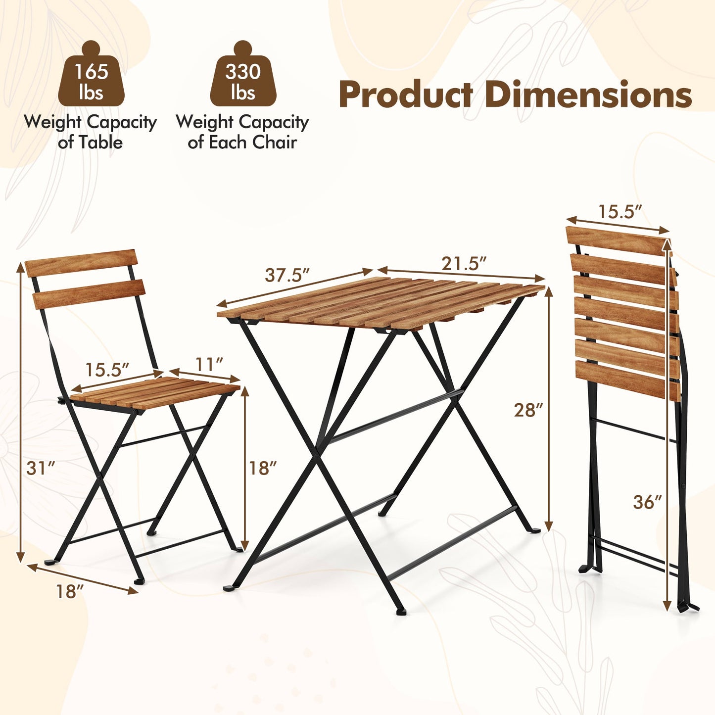 Juego de comedor de 5 piezas para patio, de madera de acacia, con 4 sillas plegables - Marrón