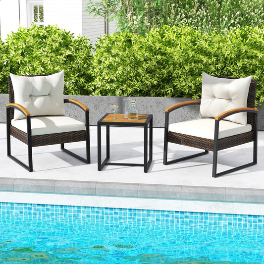 3 Piece Patio Conversation Set with Solid Acacia Wood  Armrests and Tabletop-White - Tampa Home & Garden Store