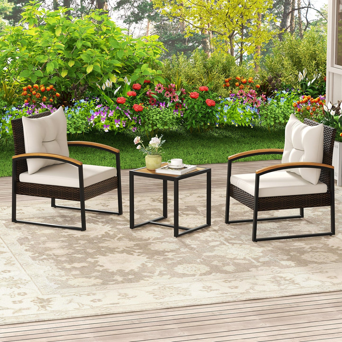 Juego de conversación para patio de 3 piezas con reposabrazos y mesa de madera maciza de acacia - Blanco