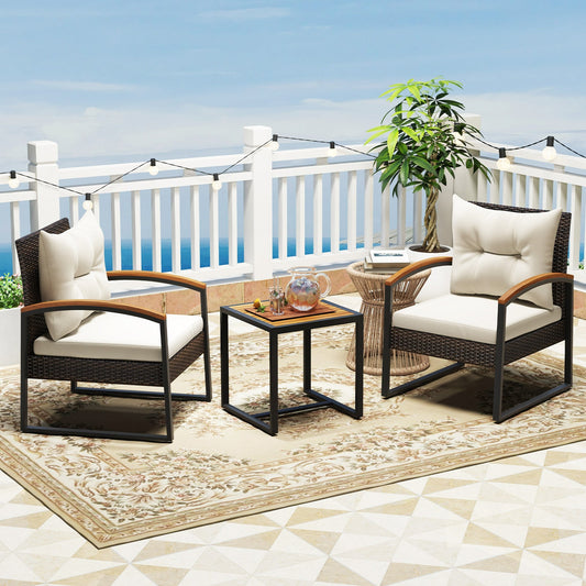 3 Piece Patio Conversation Set with Solid Acacia Wood  Armrests and Tabletop-White - Tampa Home & Garden Store