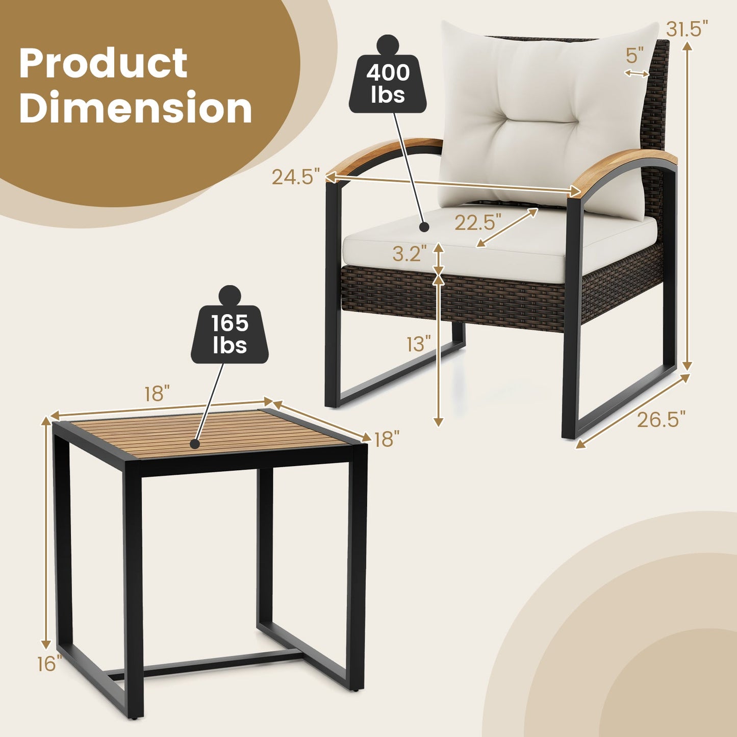 Juego de conversación para patio de 3 piezas con reposabrazos y mesa de madera maciza de acacia - Blanco