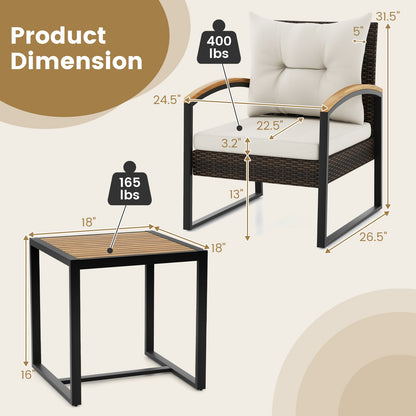 Juego de conversación para patio de 3 piezas con reposabrazos y mesa de madera maciza de acacia - Blanco