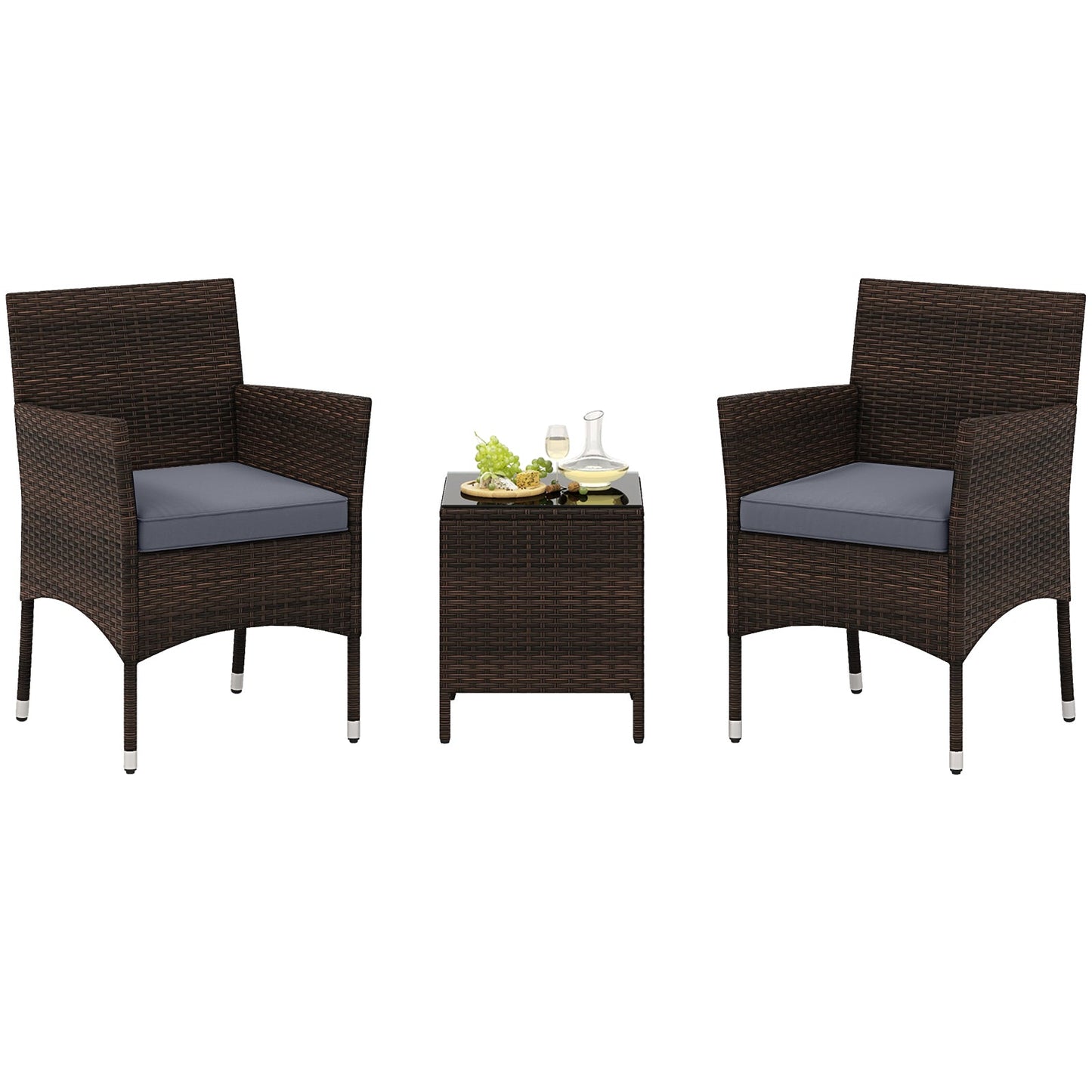 3 Pieces Outdoor Conversation Set with Cushioned Seat and Glass Tabletop-Beige