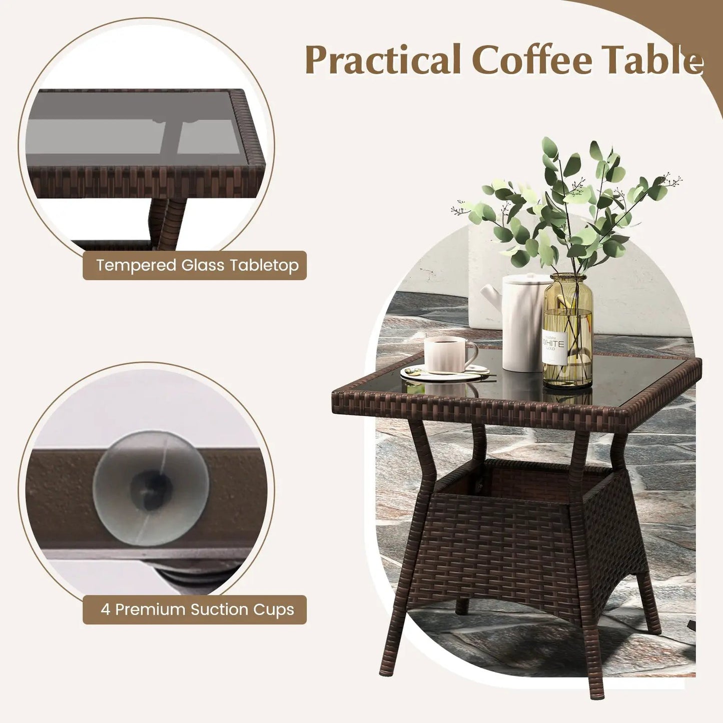 3 Piece Patio Set with Cushions and Rattan Table
