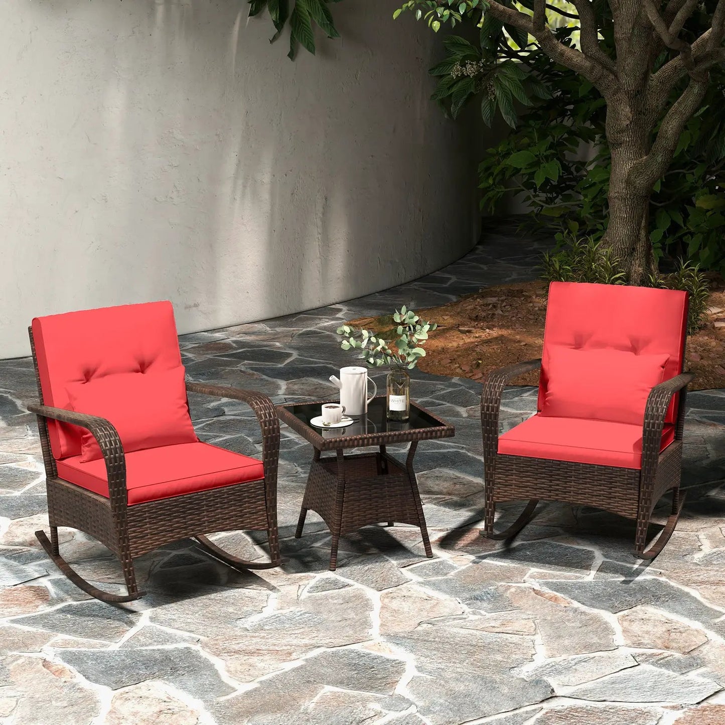 3 Piece Patio Set with Cushions and Rattan Table