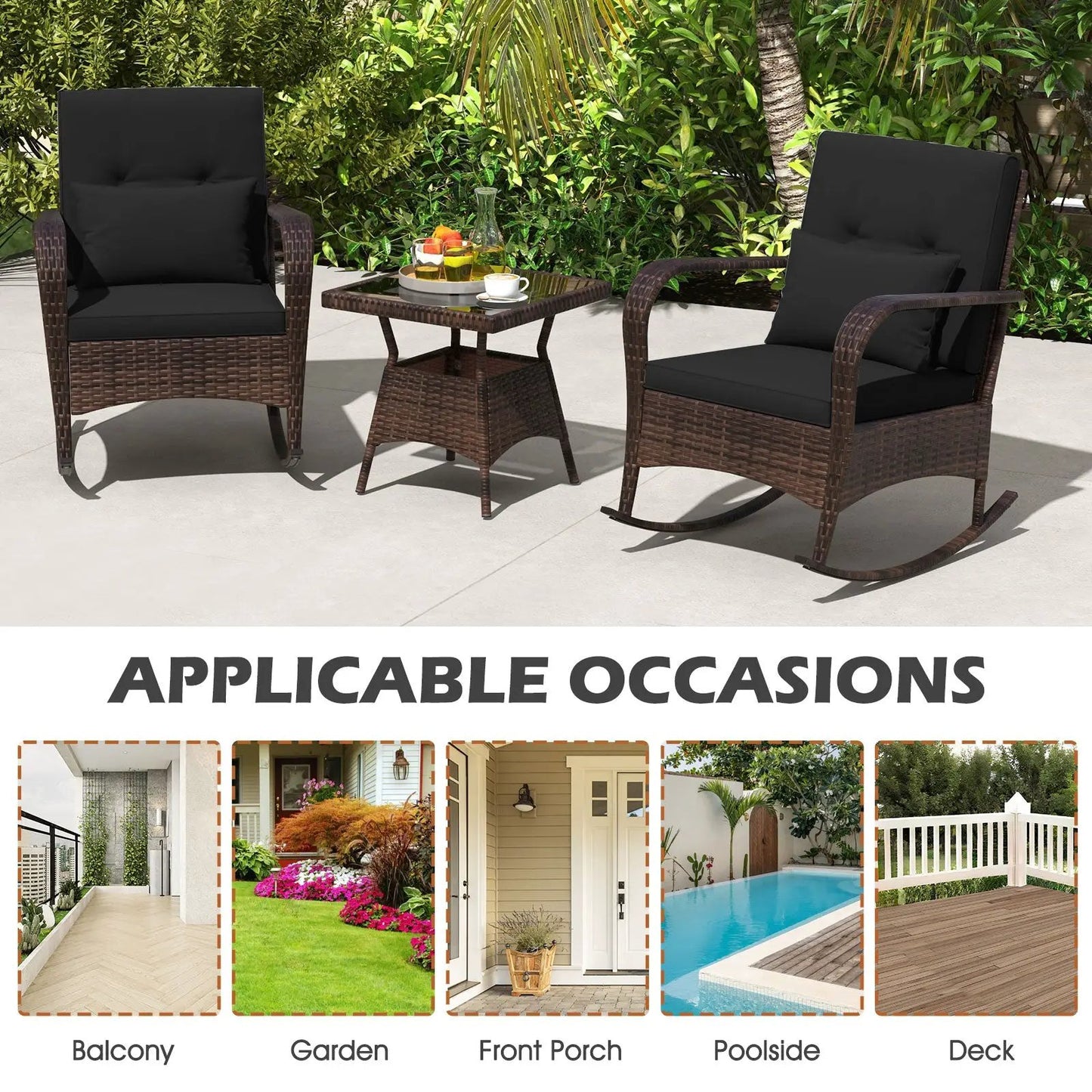 3 Piece Patio Set with Cushions and Rattan Table