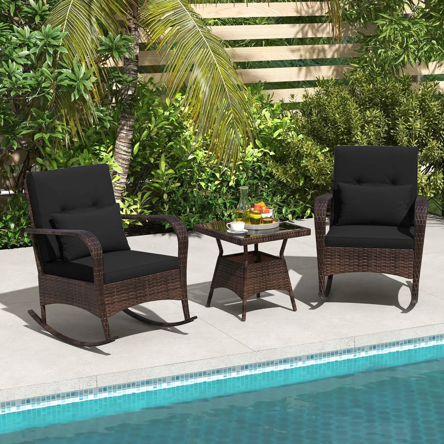 3 Piece Patio Set with Cushions and Rattan Table