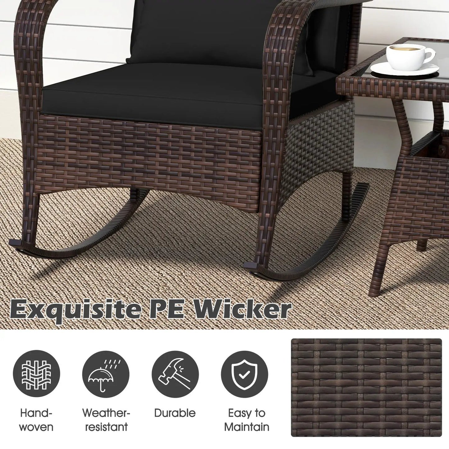 3 Piece Patio Set with Cushions and Rattan Table