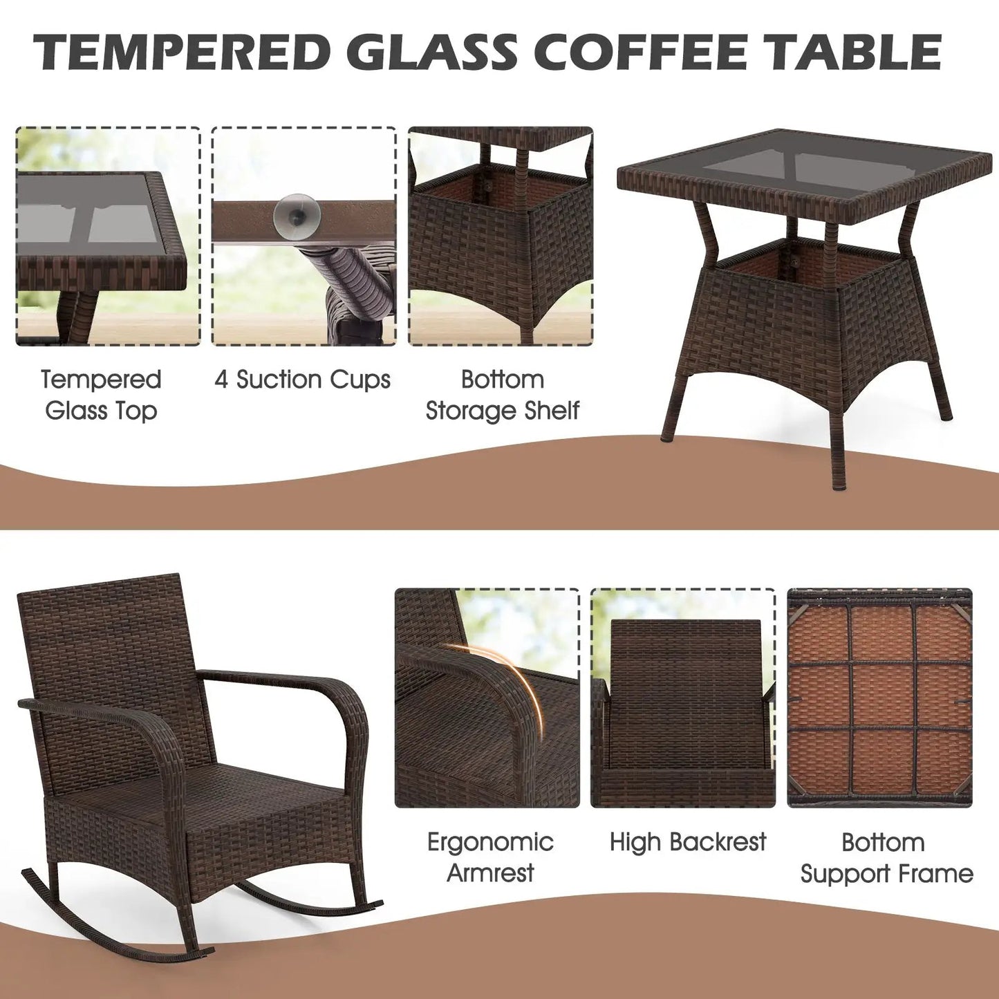 3 Piece Patio Set with Cushions and Rattan Table
