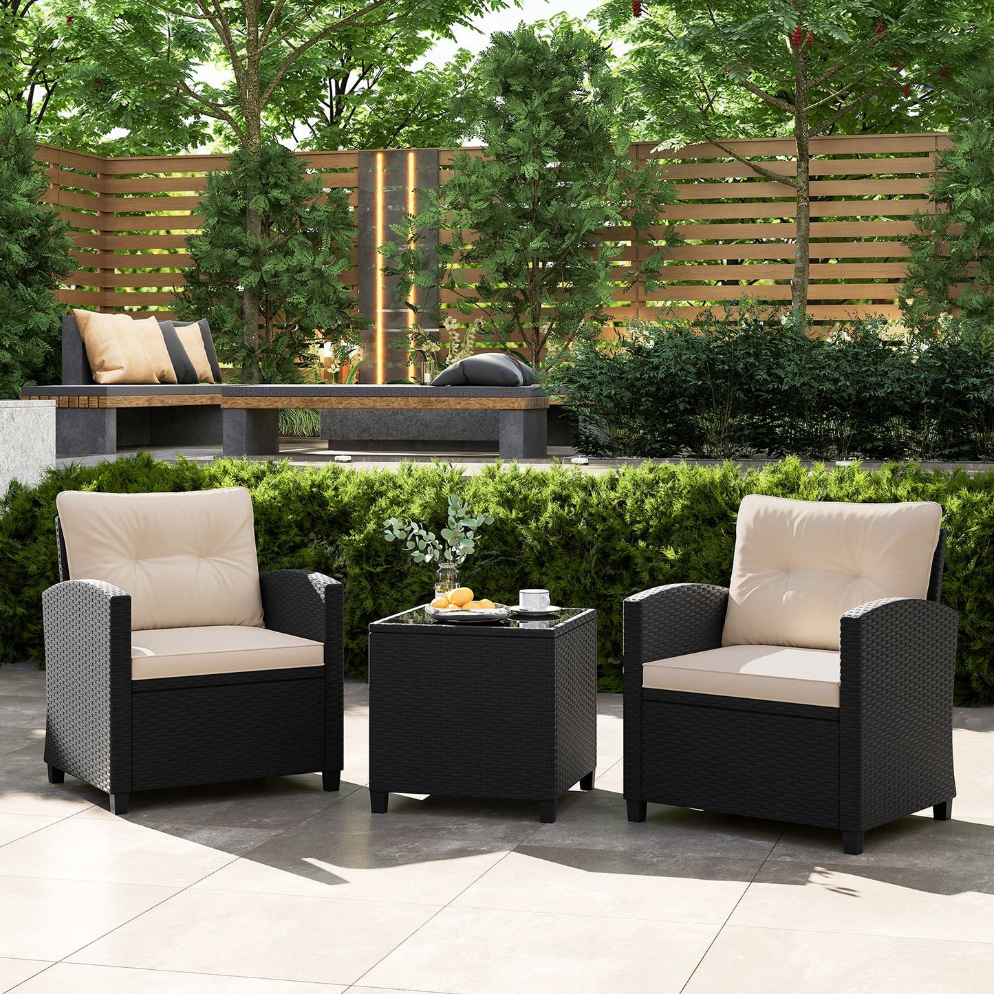 3 Pieces Patio Furniture Set with Tempered Glass Coffee Table-Off White