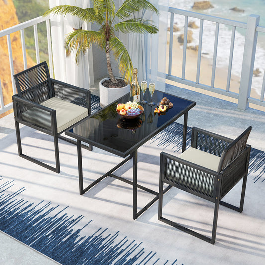 3 Pieces Patio Tempered Glass Top Table and Chairs Set for Porch Backyard-White - Tampa Home & Garden Store