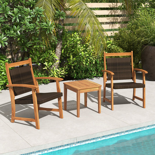 3 Pieces Rattan Bistro Set with Acacia Wood Frame for Garden - Tampa Home & Garden Store