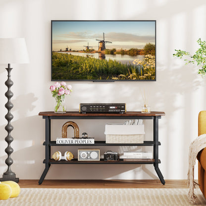 Mueble de TV/Mesa consola de 3 niveles con estante de almacenamiento de malla - Marrón rústico
