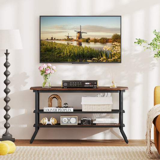 3-tier Console Table TV Stand with Mesh Storage Shelf-Rustic Brown - Tampa Home & Garden Store