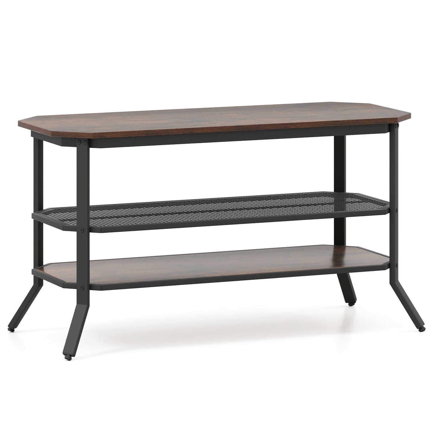 Mueble de TV/Mesa consola de 3 niveles con estante de almacenamiento de malla - Marrón rústico