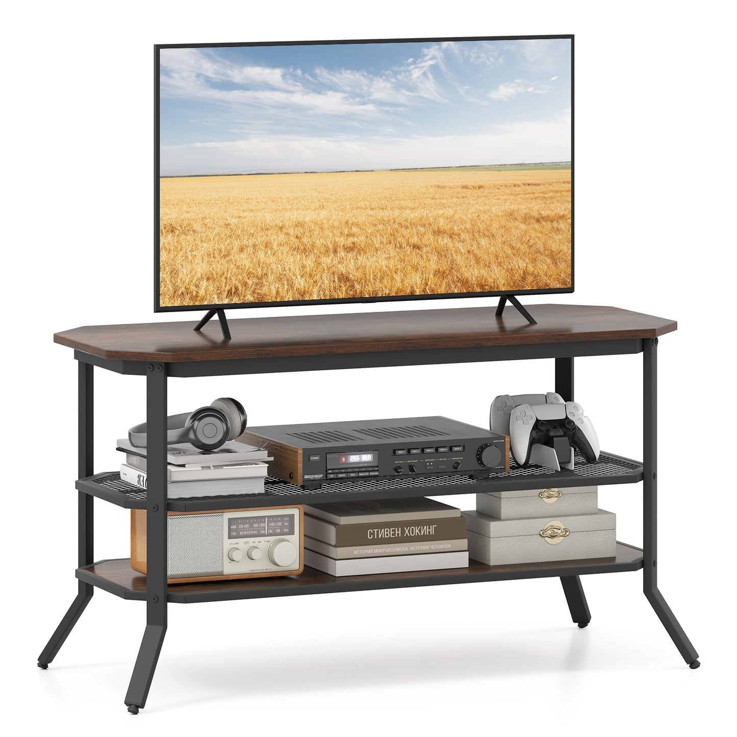Mueble de TV/Mesa consola de 3 niveles con estante de almacenamiento de malla - Marrón rústico
