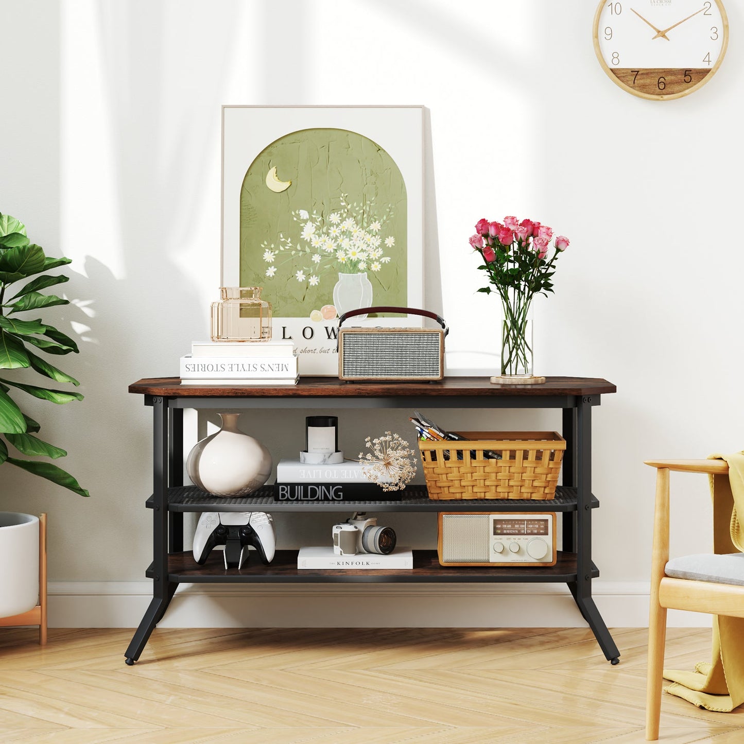Mueble de TV/Mesa consola de 3 niveles con estante de almacenamiento de malla - Marrón rústico