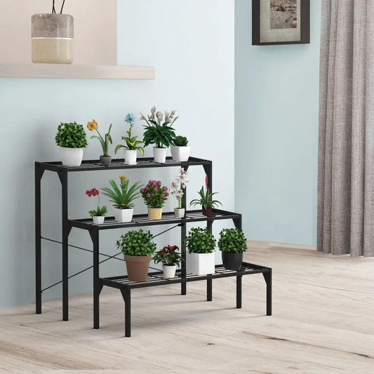 Outdoor 3 Tier Metal Plant Stand Rack in black with three levels and assorted potted plants on Tampa Home & Garden Store