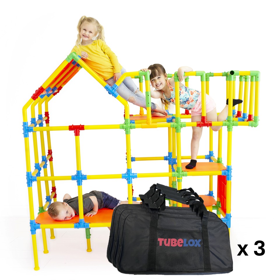 TubeLox Deluxe Set STEM toy, 3 modular tubes with 3 storage bags in bright colors on Tampa Home & Garden Store