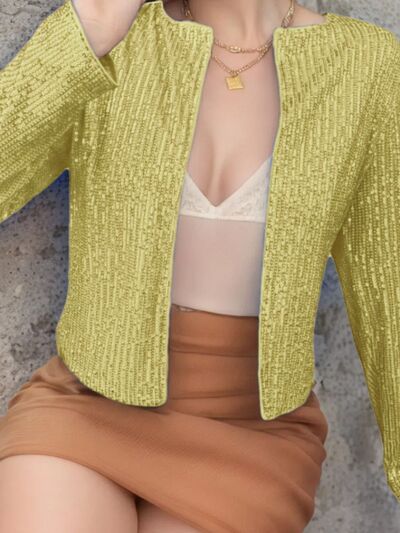 Stevvex yellow gold sequin cropped jacket open-front, styled with cream top on Tampa Home & Garden Store