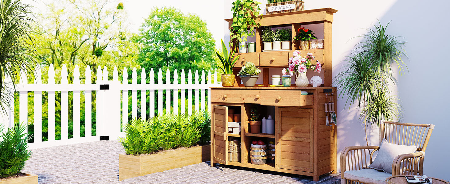 TOPMAX 65.7'' tall wooden potting bench with hutch and drawers in natural finish by HouseOfZazla on Tampa Home & Garden Store