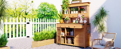 TOPMAX 65.7'' tall wooden potting bench with hutch and drawers in natural finish by HouseOfZazla on Tampa Home & Garden Store