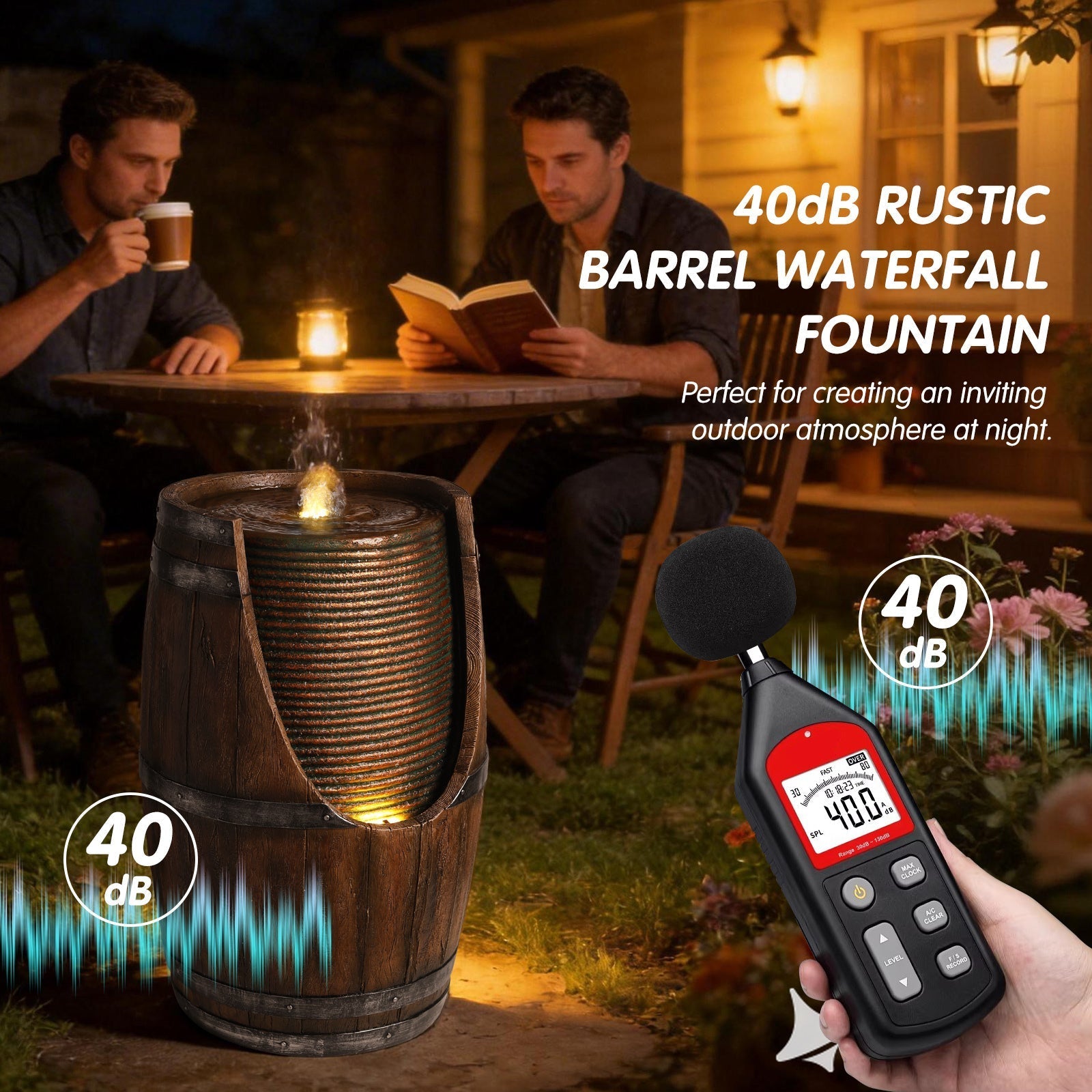 Outdoor Barrel Water Fountain in rustic wood-look resin by HouseOfZazla, garden fountain display on Tampa Home & Garden Store