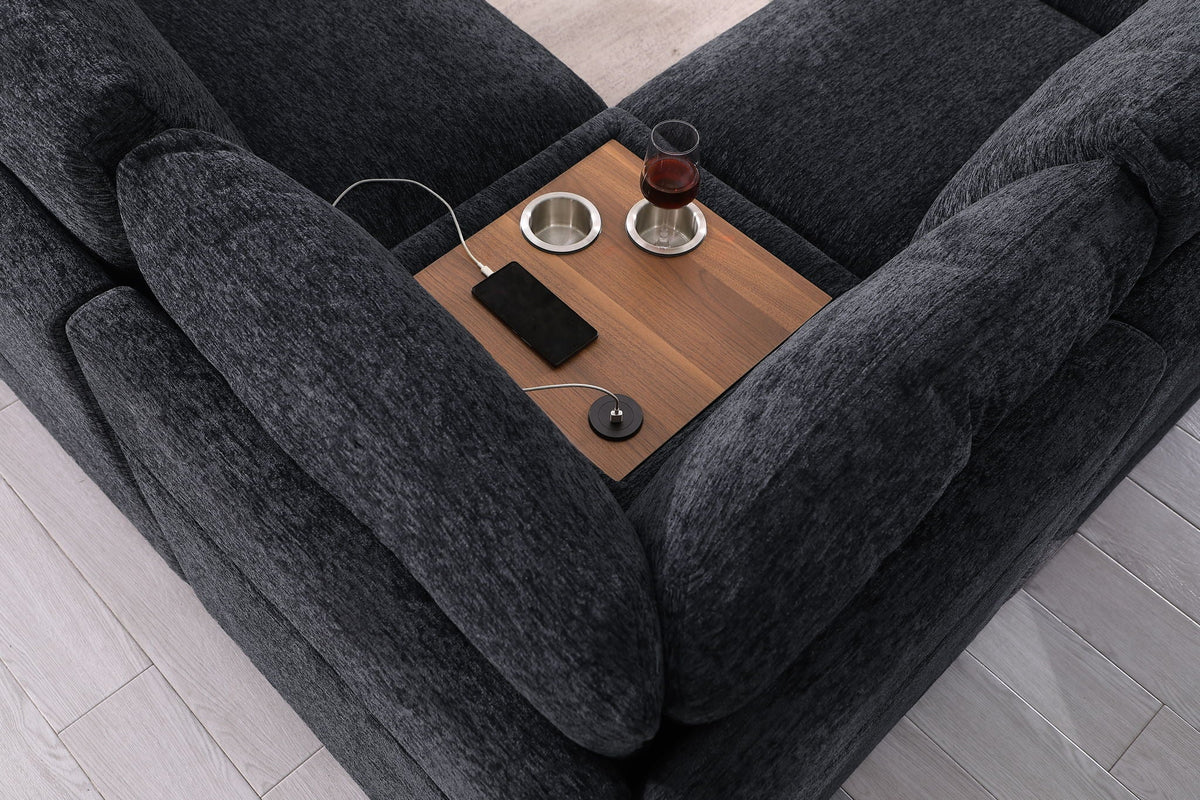 Celine Fabric Corner Sectional Sofa with right-facing chaise, dark upholstery, cupholders on Tampa Home & Garden Store