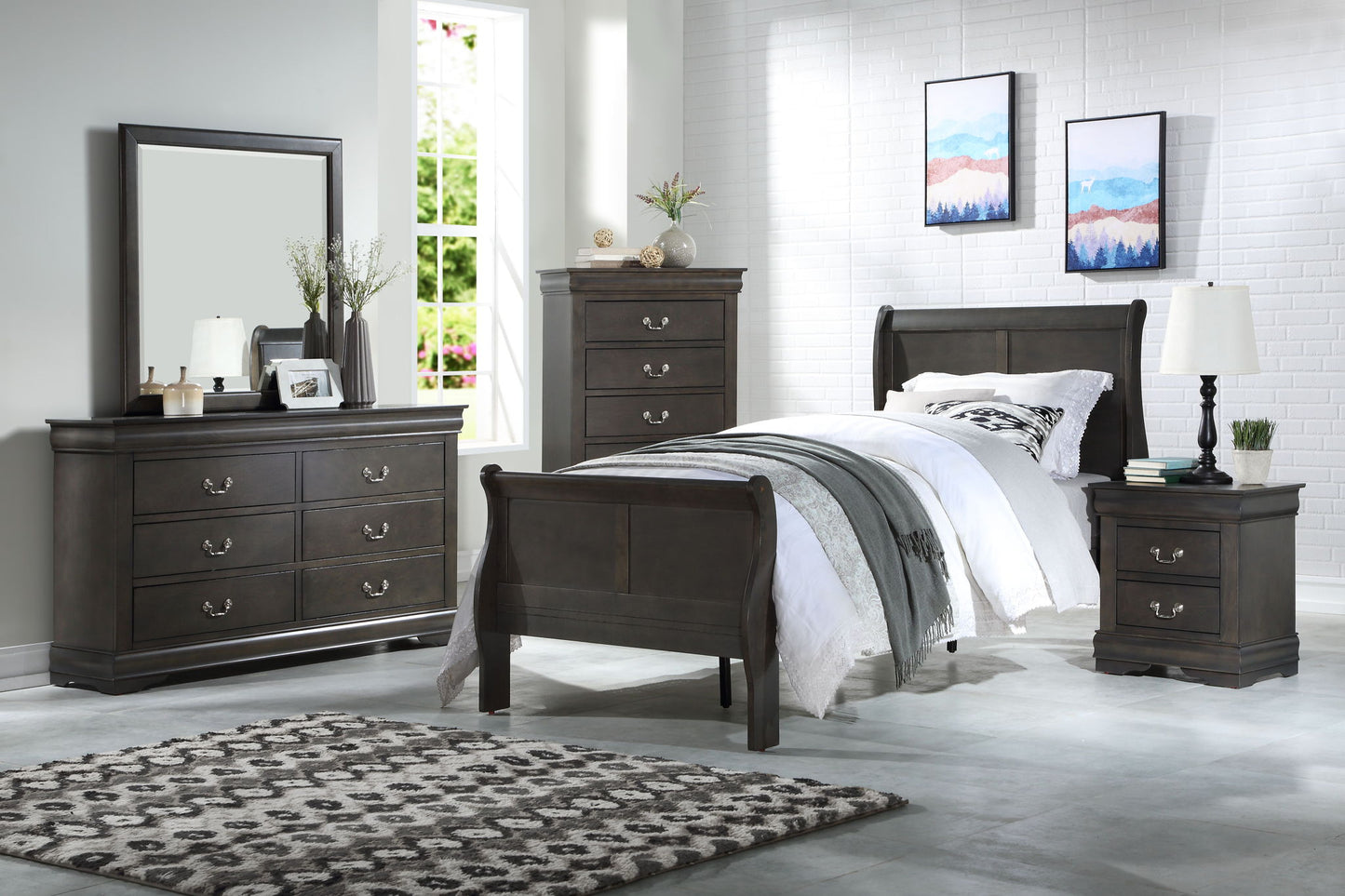 Louis Philippe Sleigh Bed Set by HouseOfZazla in dark espresso with dresser and chest on Tampa Home & Garden Store
