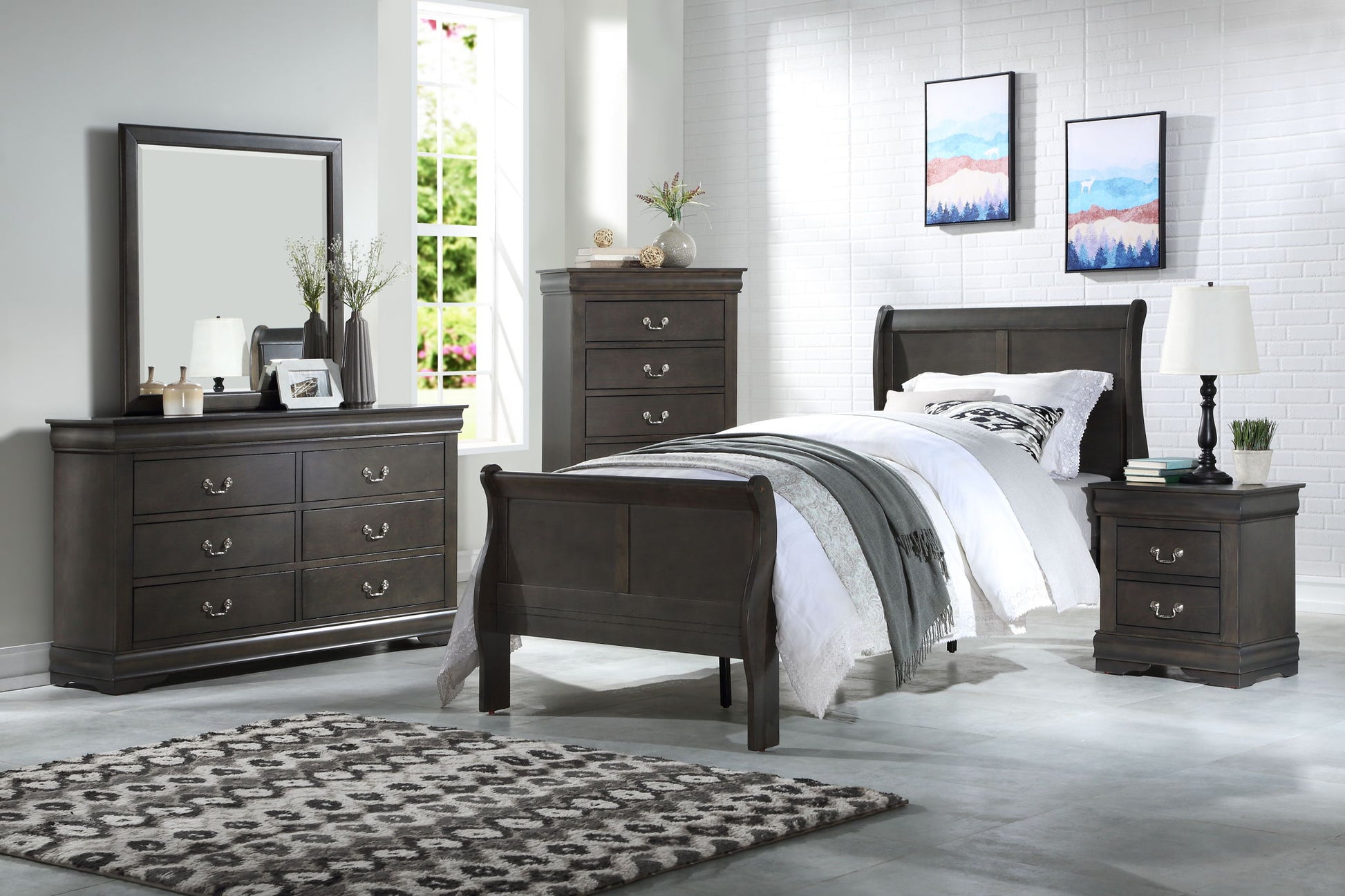 Louis Philippe Sleigh Bed Set by HouseOfZazla in dark espresso with dresser and chest on Tampa Home & Garden Store