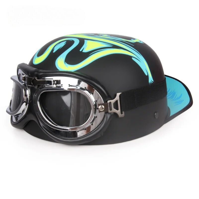 Vintage half helmet with neon blue flame graphics and chrome goggles by BikerZoneZ on Tampa Home & Garden Store