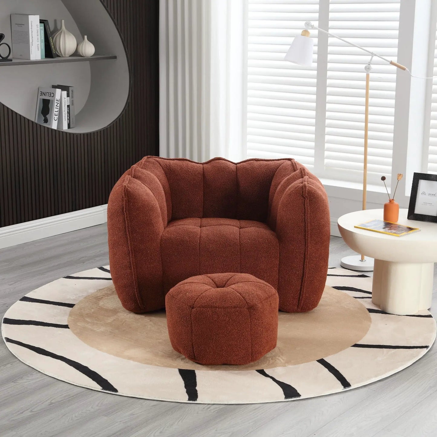 Soft bean bag chair with high resilient foam in rust fabric with ottoman on beige rug on Tampa Home & Garden Store