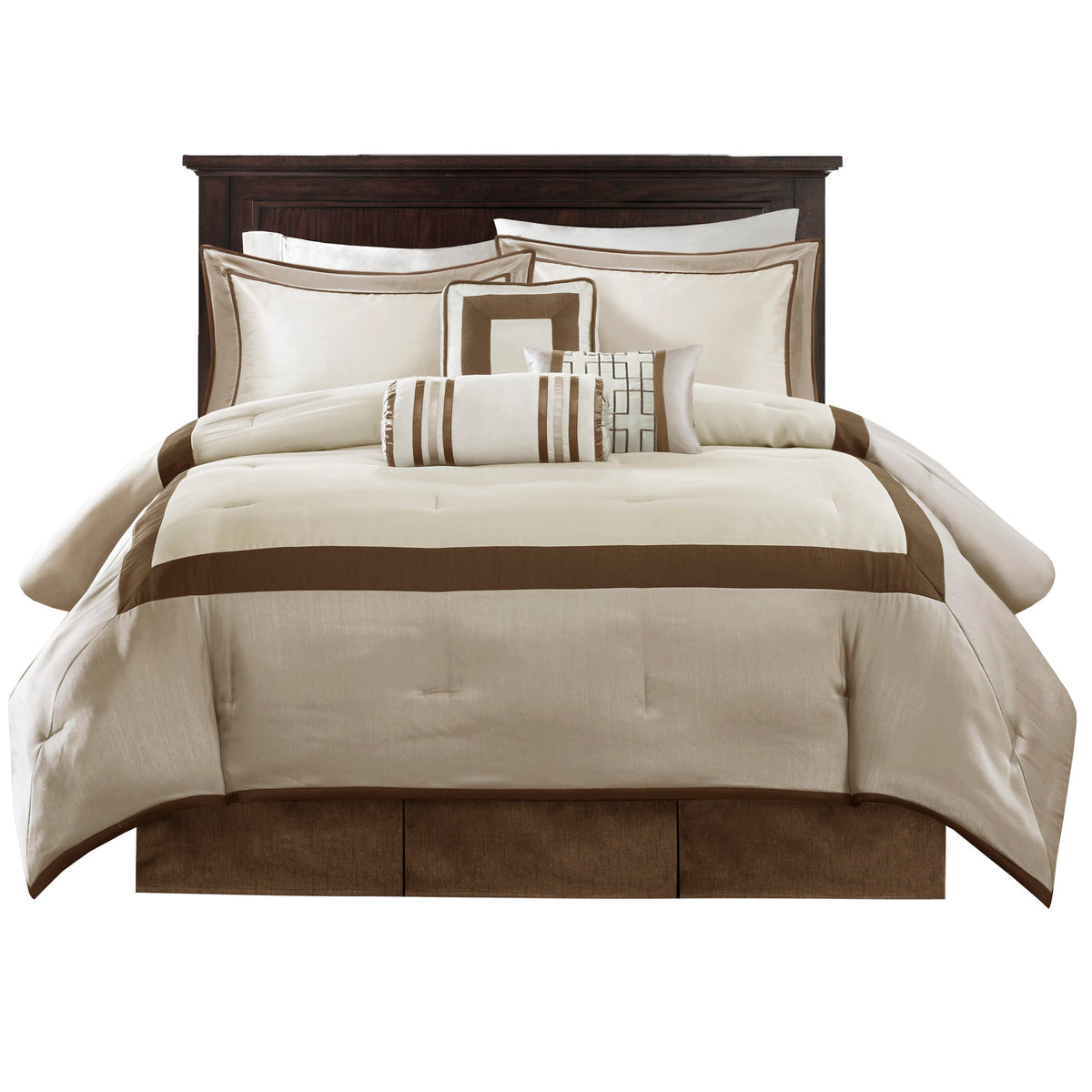 7 Piece Comforter Set Taupe Brown King on dark wood bed with ivory comforter, brown trim, and coordinating pillows on Tampa Home & Garden Store
