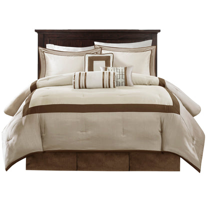 7 Piece Comforter Set Taupe Brown King on dark wood bed with ivory comforter, brown trim, and coordinating pillows on Tampa Home & Garden Store