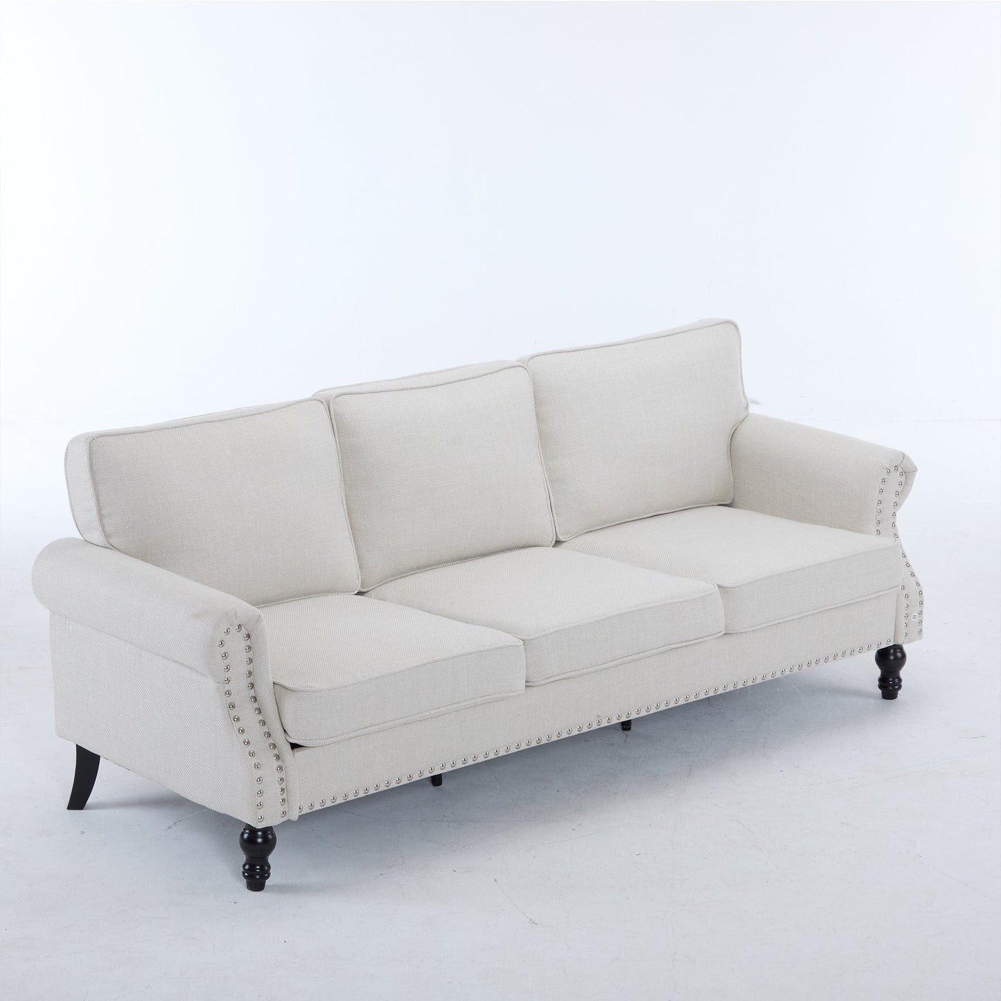 83 Inch Faux Leather Rolled-Arm Sofa with nailhead trim, beige upholstery, HouseOfZazla on Tampa Home & Garden Store